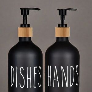 2 Pcs Hand and Dishes dispensers in black with white lettering and bamboo tray.